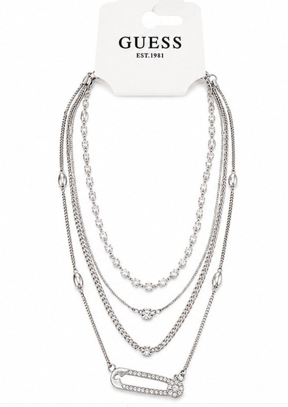 GUESS SILVER TONE MULTI STRAND LAYERED RHINESTONE SAFETY PIN NECKLACE NWT